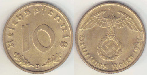 1937 D Germany 10 Pfennig (Unc) A003871
